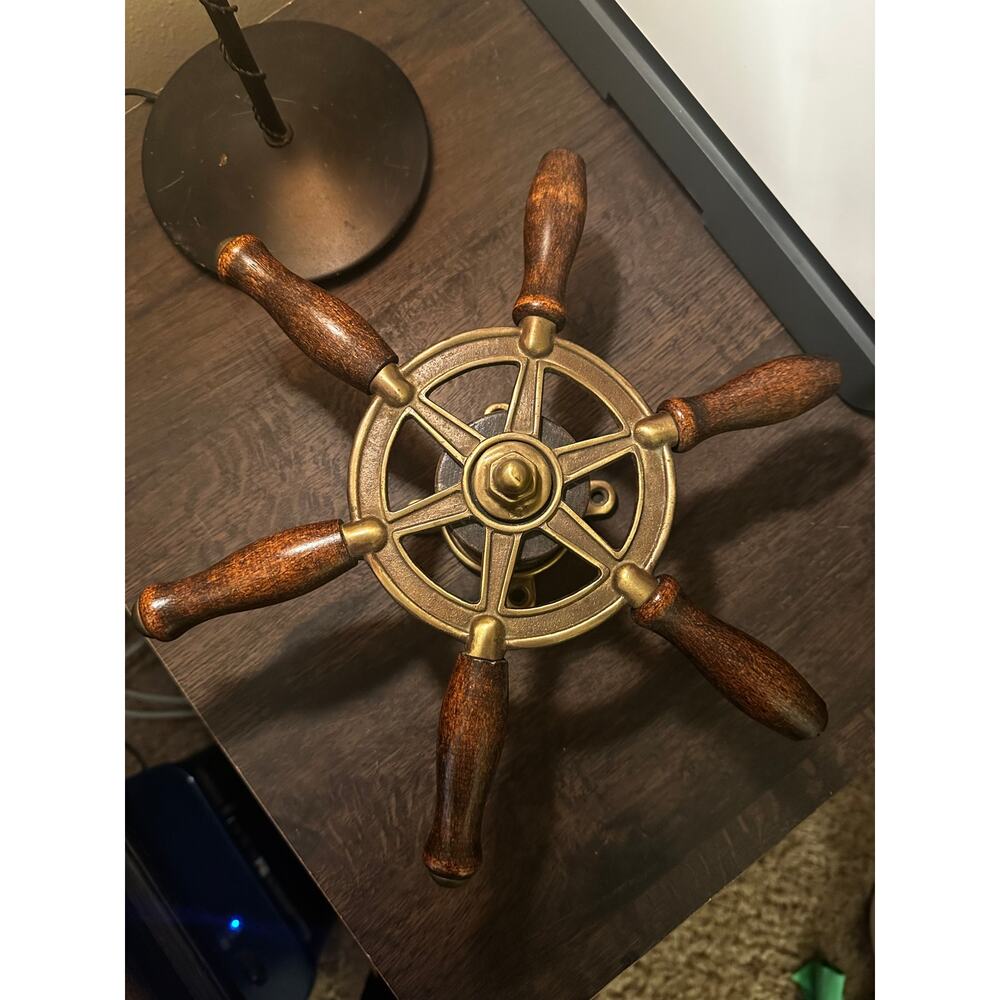 VINTAGE BRASS AND WOOD 12" BOAT WHEEL